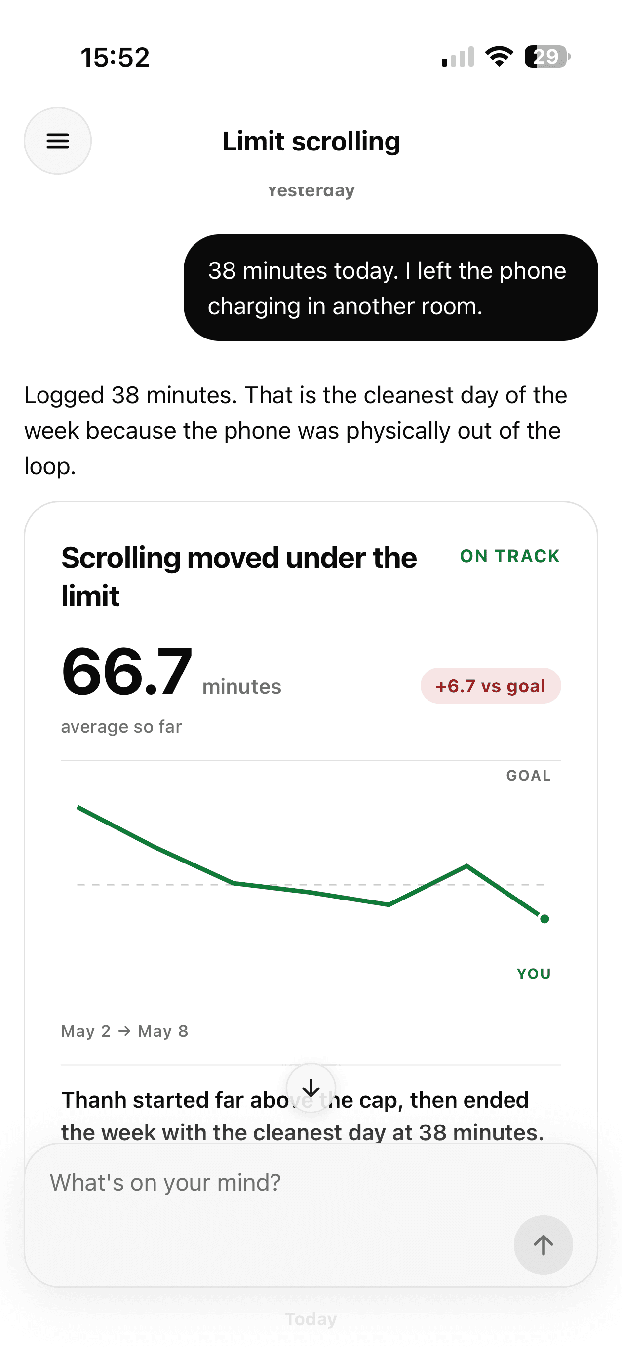AI Accountability Coach screen showing a Limit scrolling check-in with a progress chart.